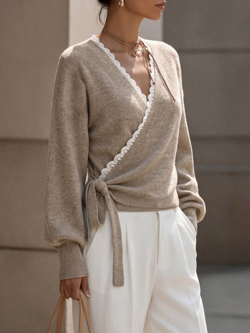 Khaki Casual Women's Elegant Wrap-Style Cropped Sweater With Criss-Cross V-Neck - Picture 4 of 6